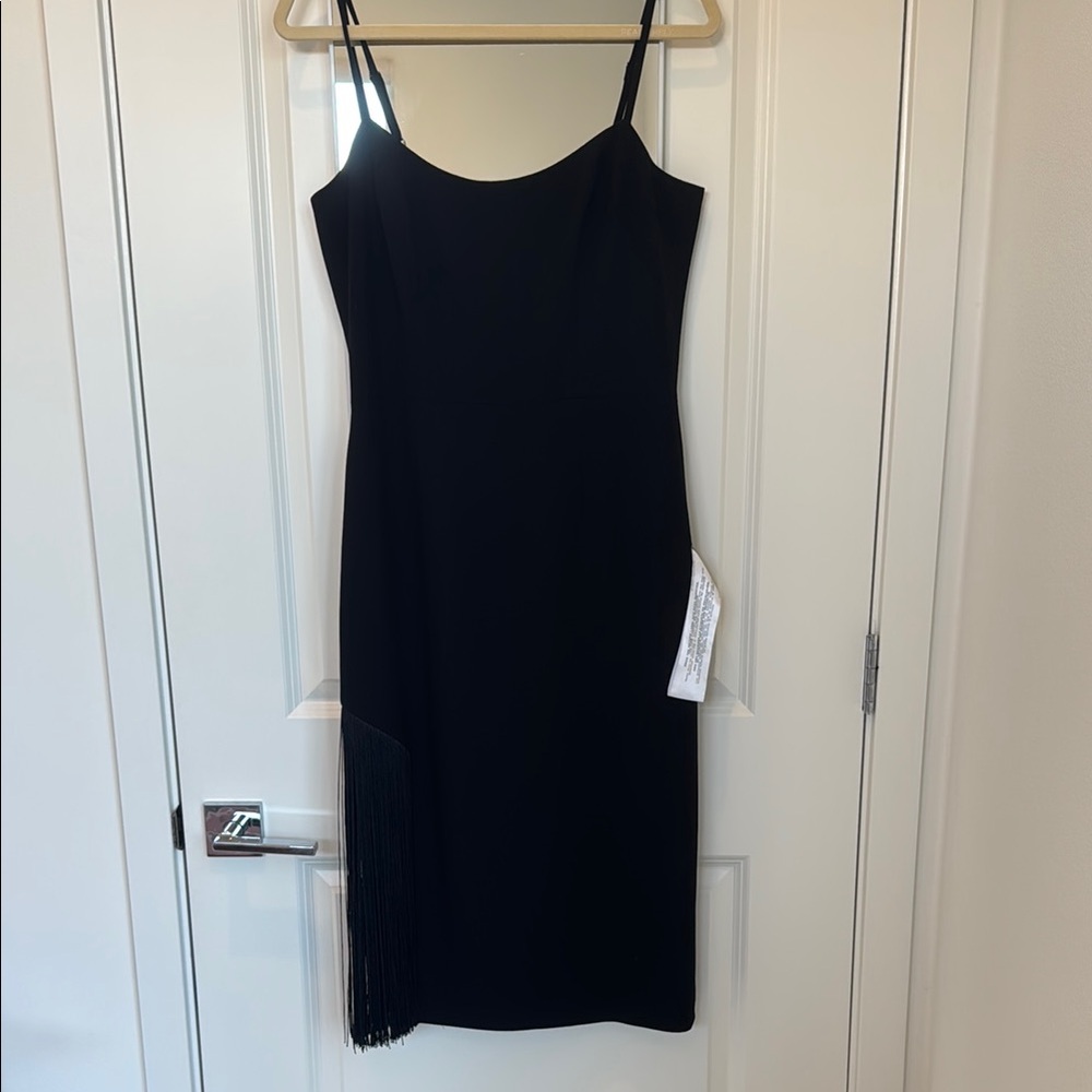Dress the Population Black Spaghetti Strap Dress with Fringe on One Side